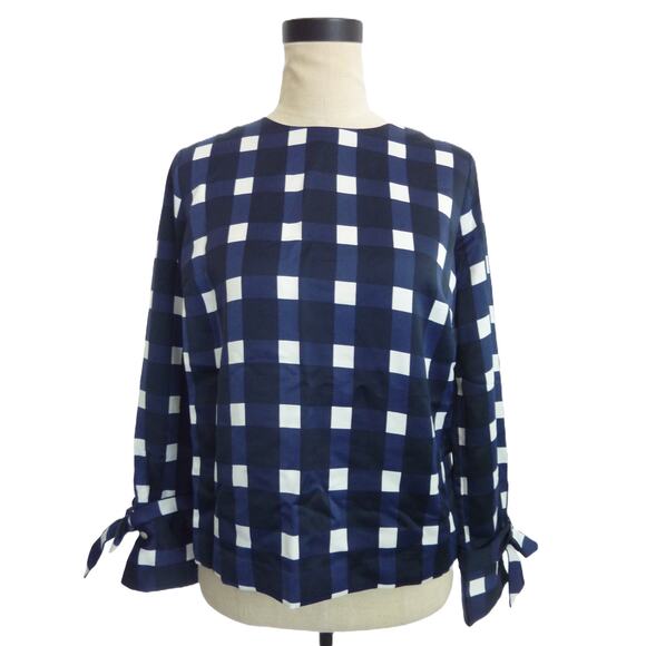 Banana Republic Blue Checkered Plaid Blouse XS Petite Bow Sleeves Top - Picture 1 of 6
